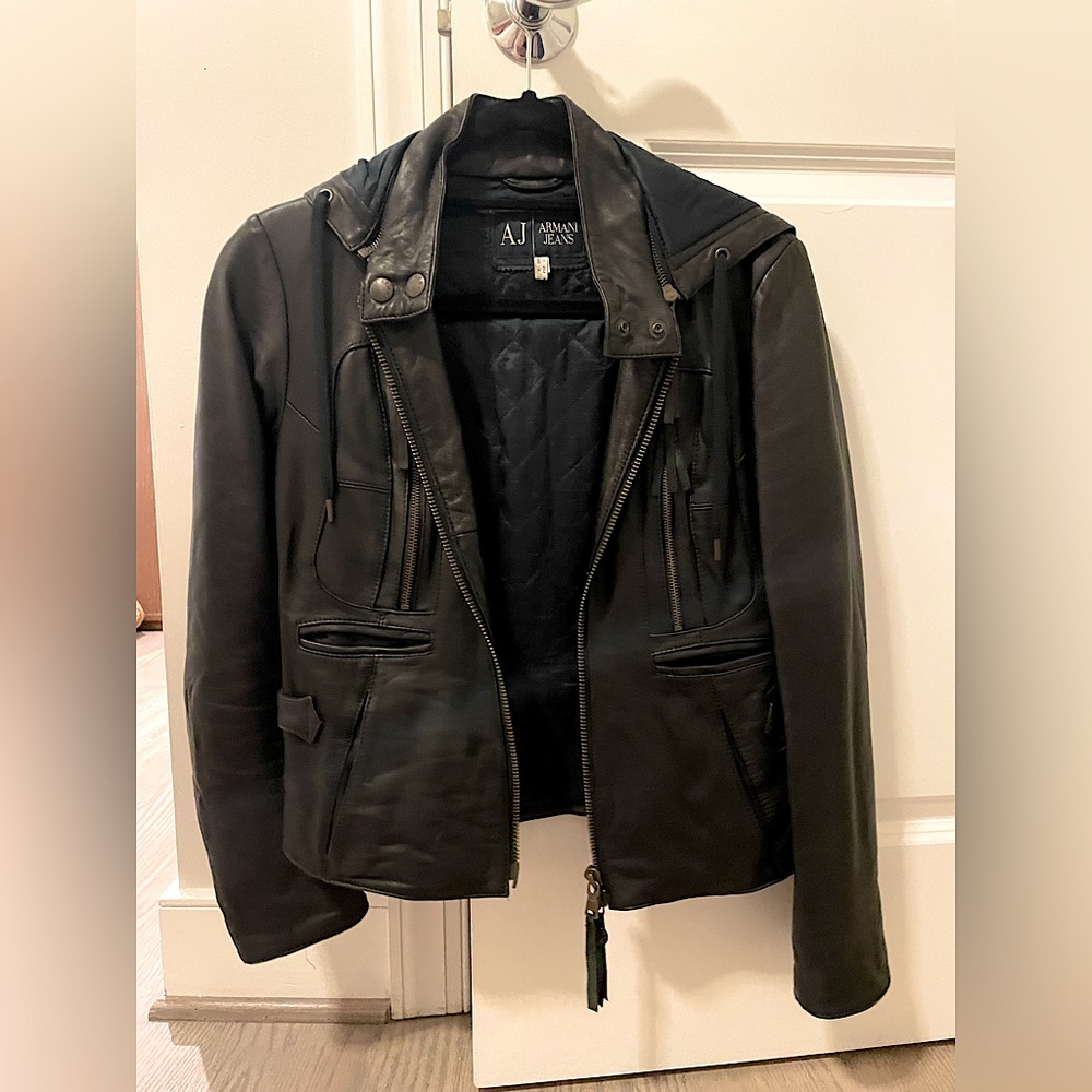 Ltd Edt Armani Jeans Black 100% Leather Jacket Removable Hood and double zipper